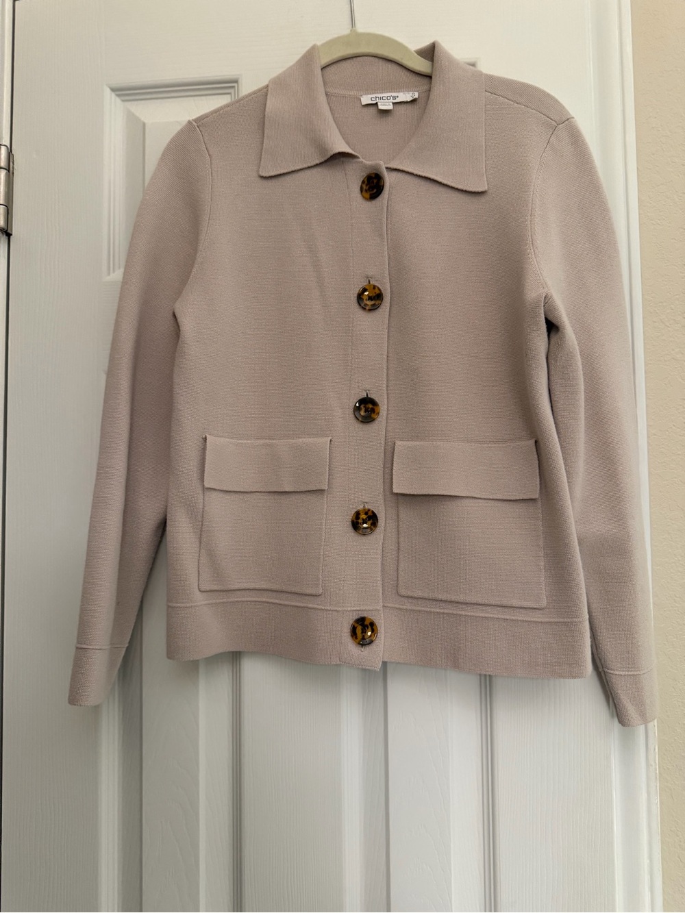 Chico's Soft Taupe Button Sweater/Jacket with Tortoiseshell Buttons. Small